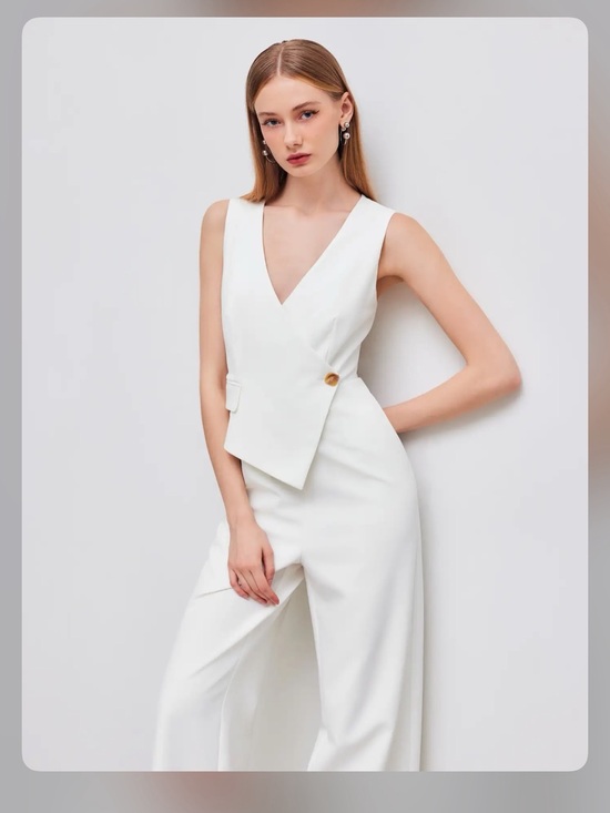 Cider Pants - V-NECK SOLID WRAP VEST JUMPSUIT White M